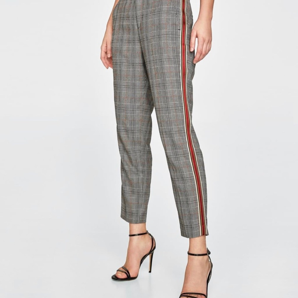 Zara basic checked/plaid pants with side stripe size medium